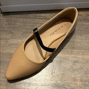 Tahari Beige Pointed Toe Flat with Black Strap